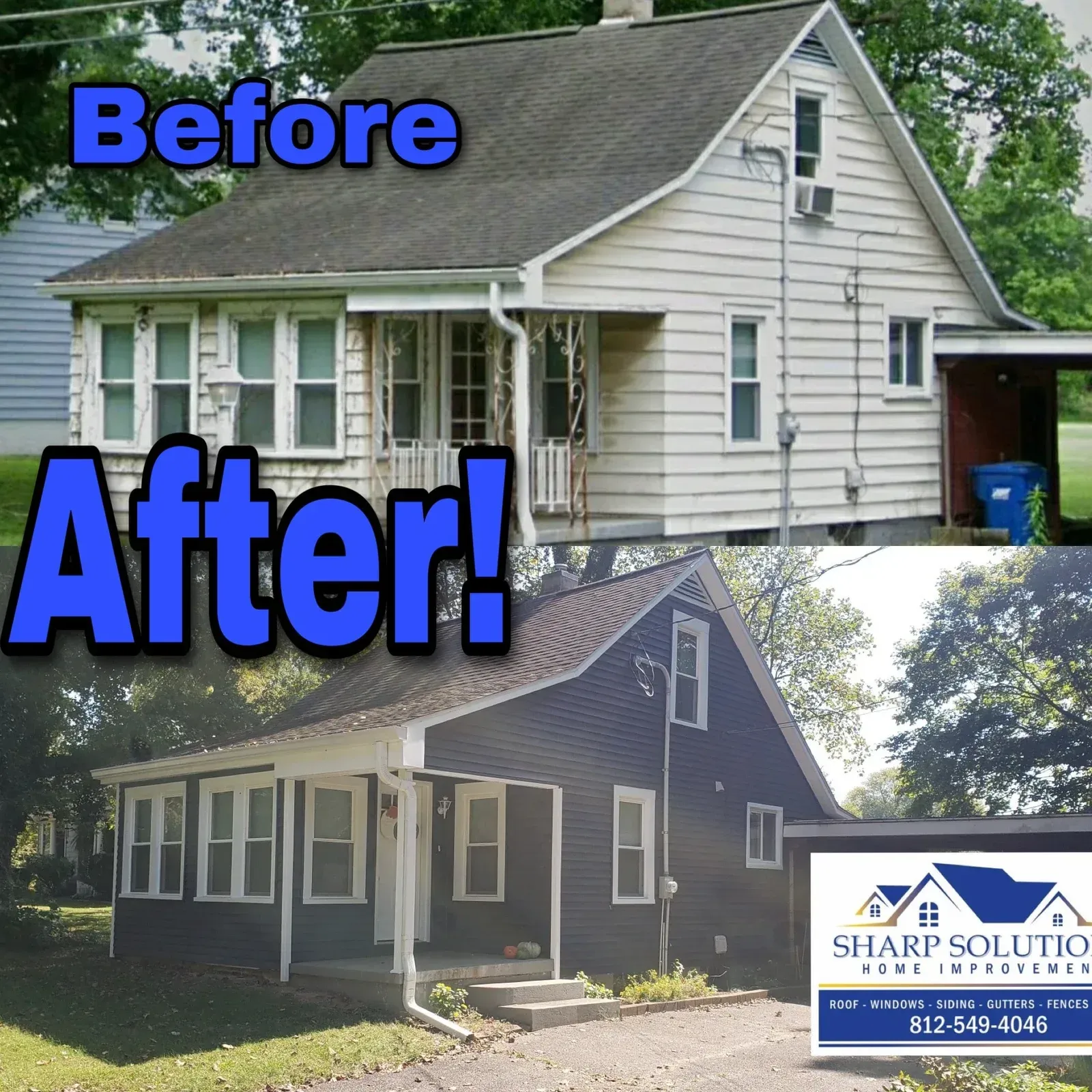 Before-and-after exterior view of a house renovation, showing white siding changed to dark gray with new porch and windows