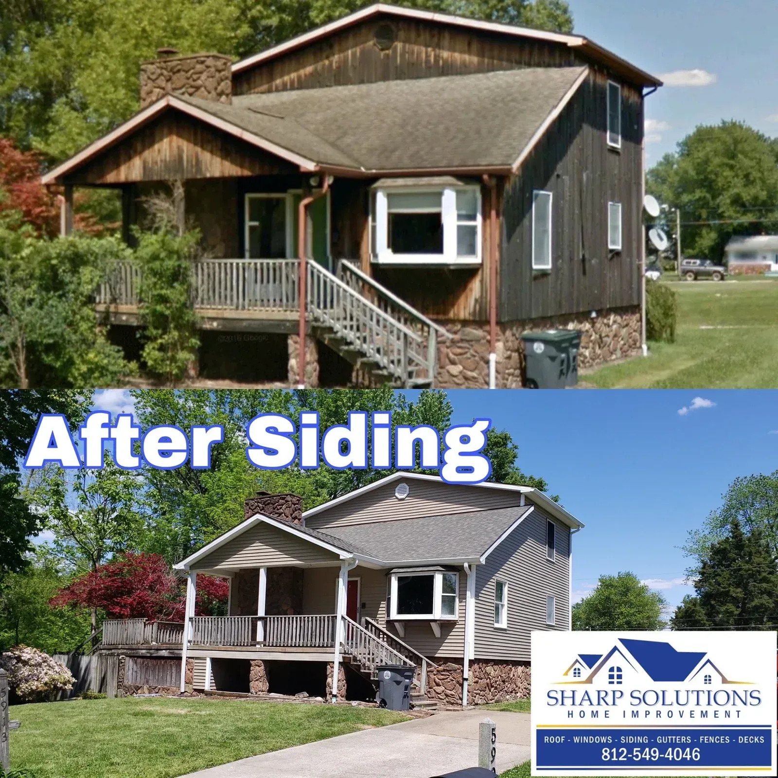 Before-and-after of a house with new gray siding and a porch; “After Siding” text overlaid.