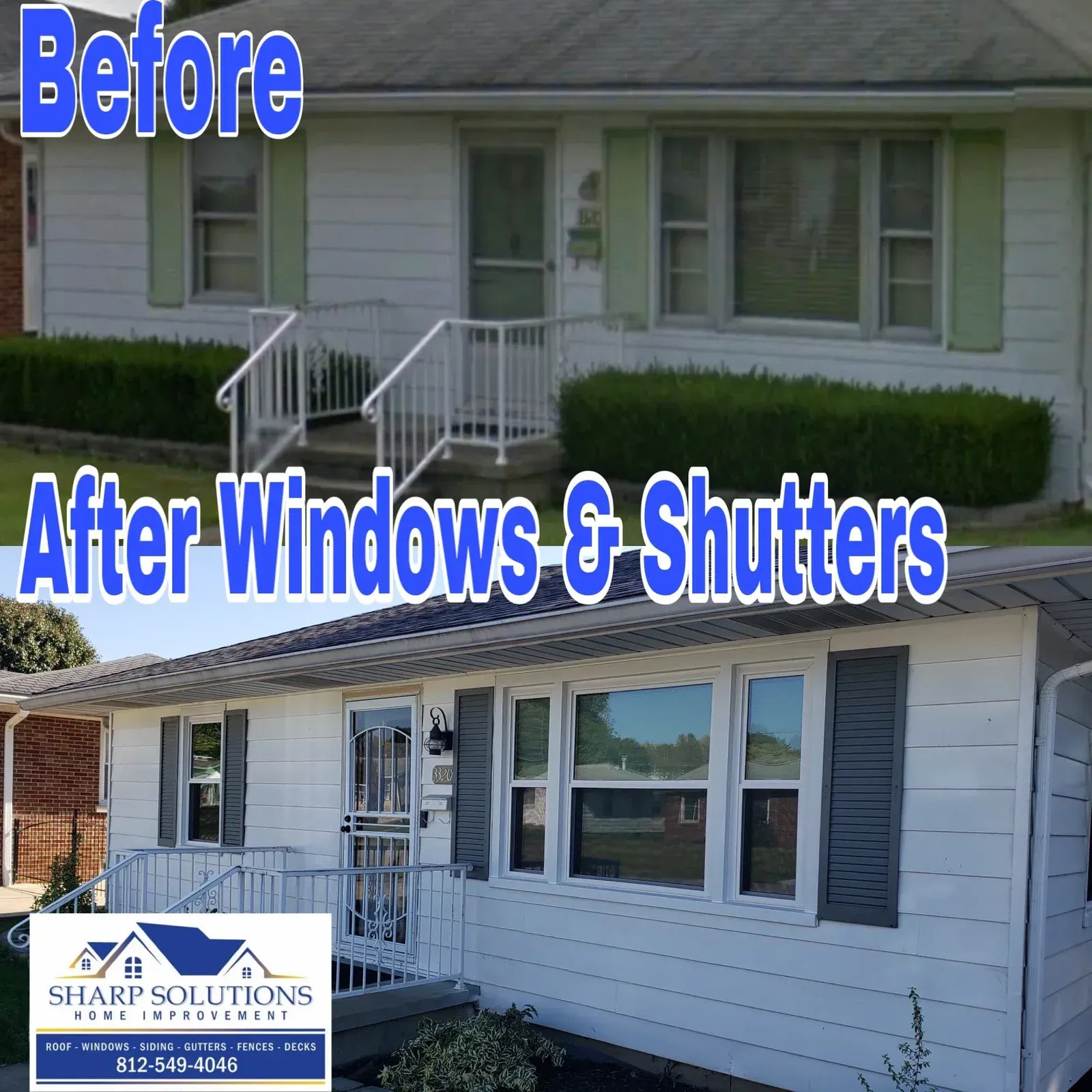 Before-and-after house exterior with new windows and shutters; white siding and porch visible.