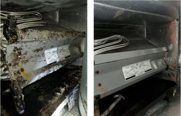Before and after comparison of an HVAC evaporator coil showing significant dirt buildup and subsequent professional cleaning.