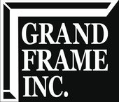 A black and white logo for grand frame inc.