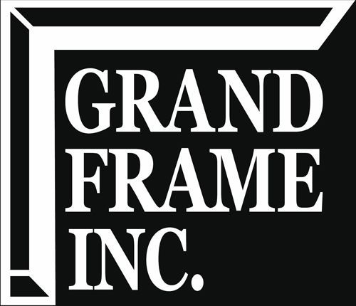 A black and white logo for grand frame inc.