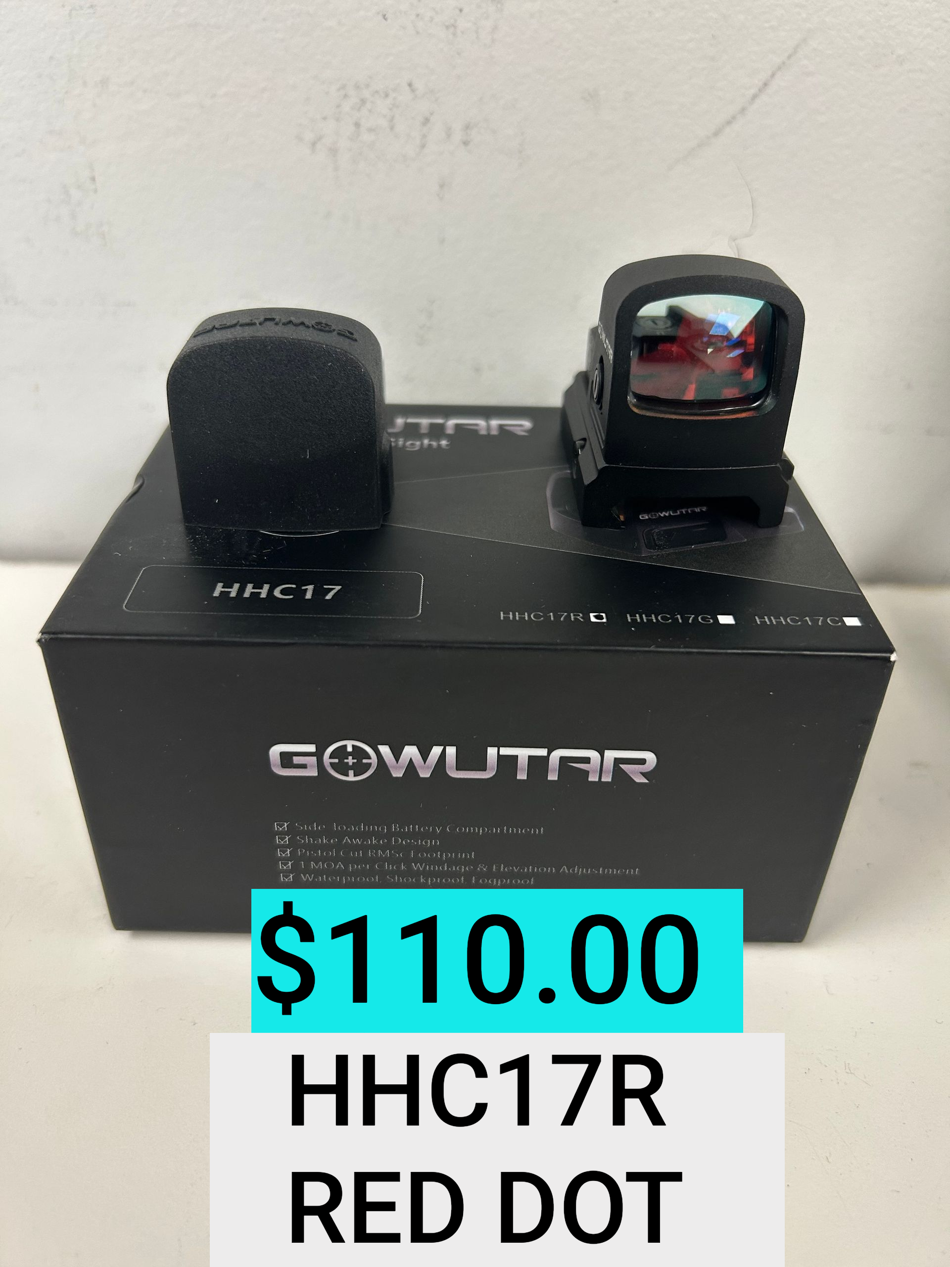 Two black red-dot sights on a Gowltar box, labeled $110.00 and HHC17R RED DOT.