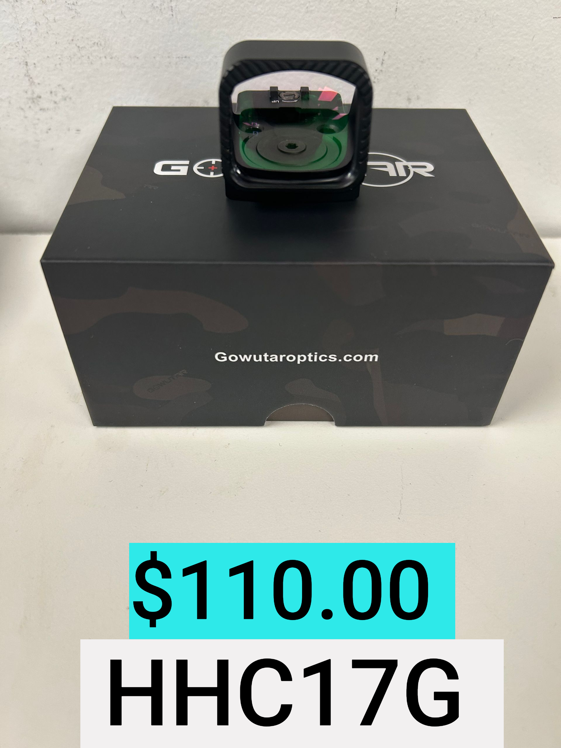Black smartwatch on a box with a turquoise $110.00 price tag and code HHC17G below.