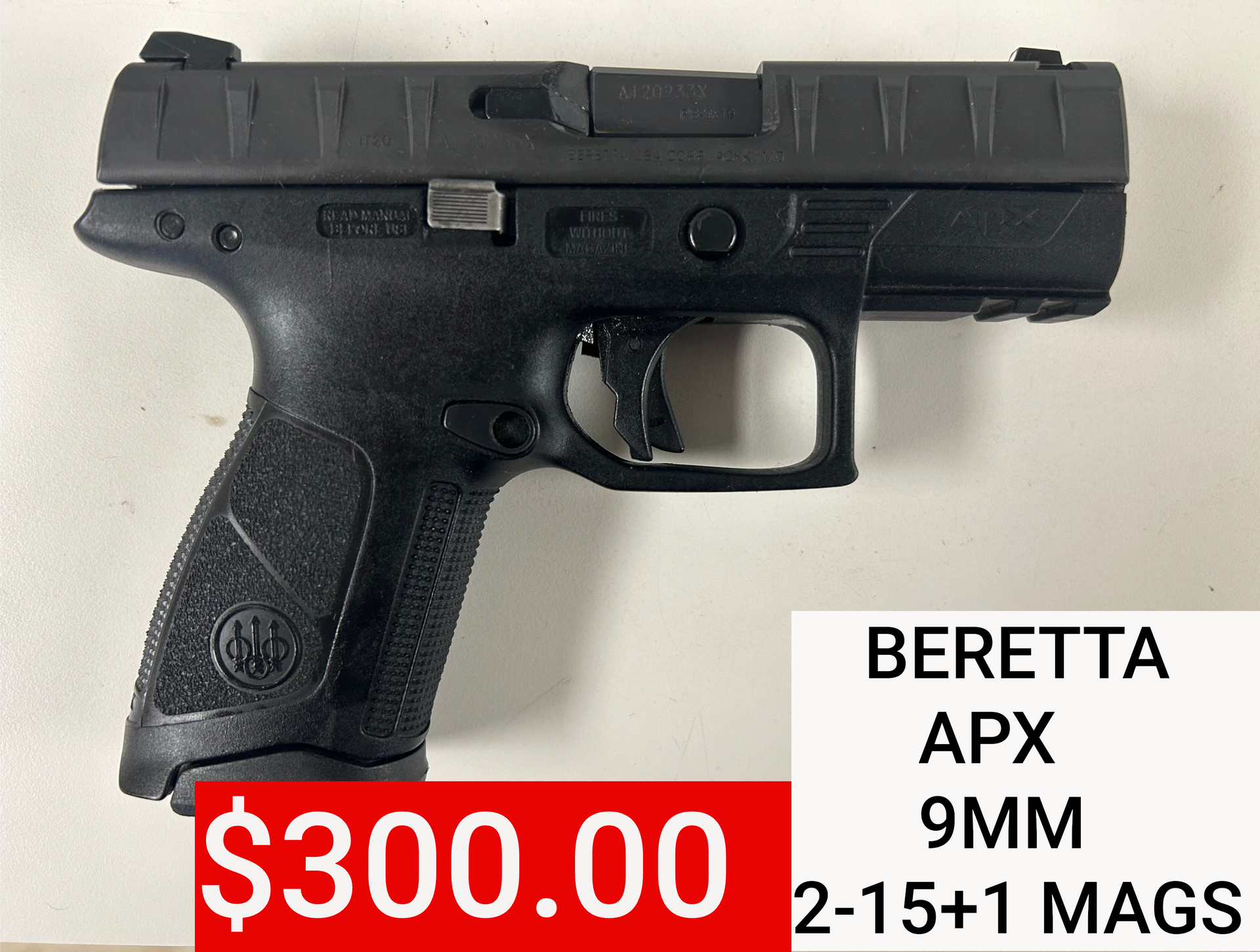 Black Beretta APX 9mm pistol with $300 price tag and “2-15+1 mags” text.