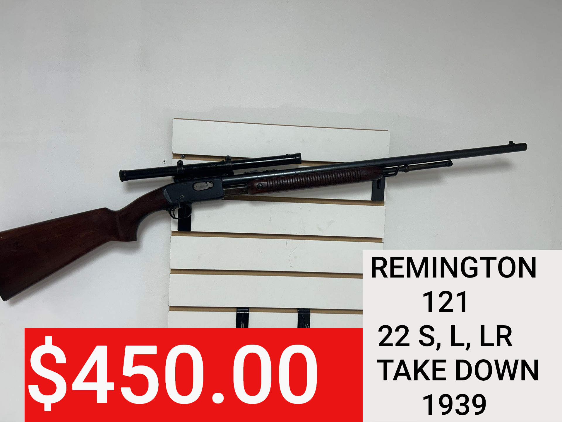 Remington 121 take-down rifle with price tag, displayed against a white background