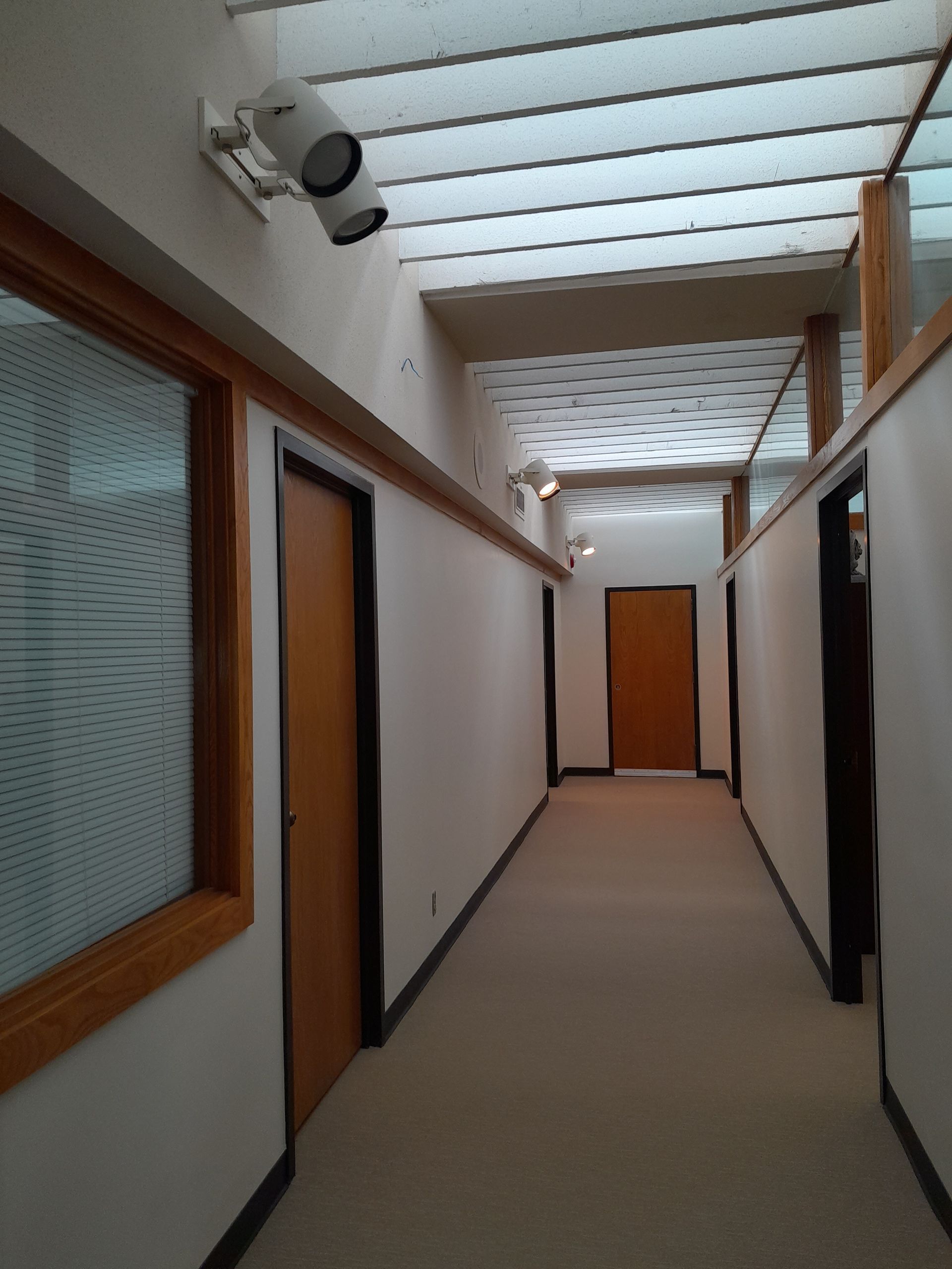 Hallway with doors, beige carpet, white walls, and security cameras. Bright light from overhead glass ceiling panels.