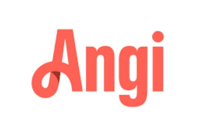Angi logo: coral-colored text on white; stylized 'A' with swirled tail.
