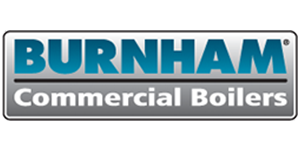 Burnham Commercial Boilers logo with blue text on a gray background, enclosed in a rectangular box with a silver border.
