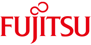 Fujitsu logo in red, featuring the company name below a stylized infinity symbol.