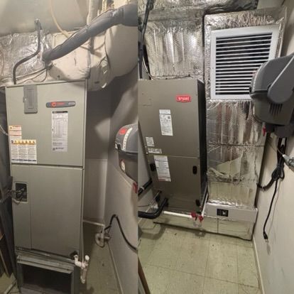 Two HVAC units, one Trane and one Bryant, in a utility room with silver ductwork.