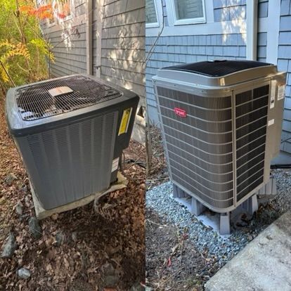 Two air conditioning units on concrete blocks. One is older and dark gray; the other is newer and tan with a red logo.
