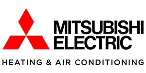 Mitsubishi Electric logo with red diamond shapes and text MITSUBISHI ELECTRIC HEATING & AIR CONDITIONING.