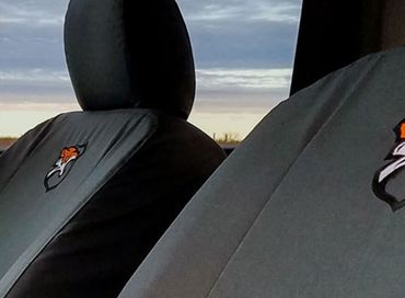 Two gray car seats with fox logos, viewed from the back seat against a cloudy sunset sky