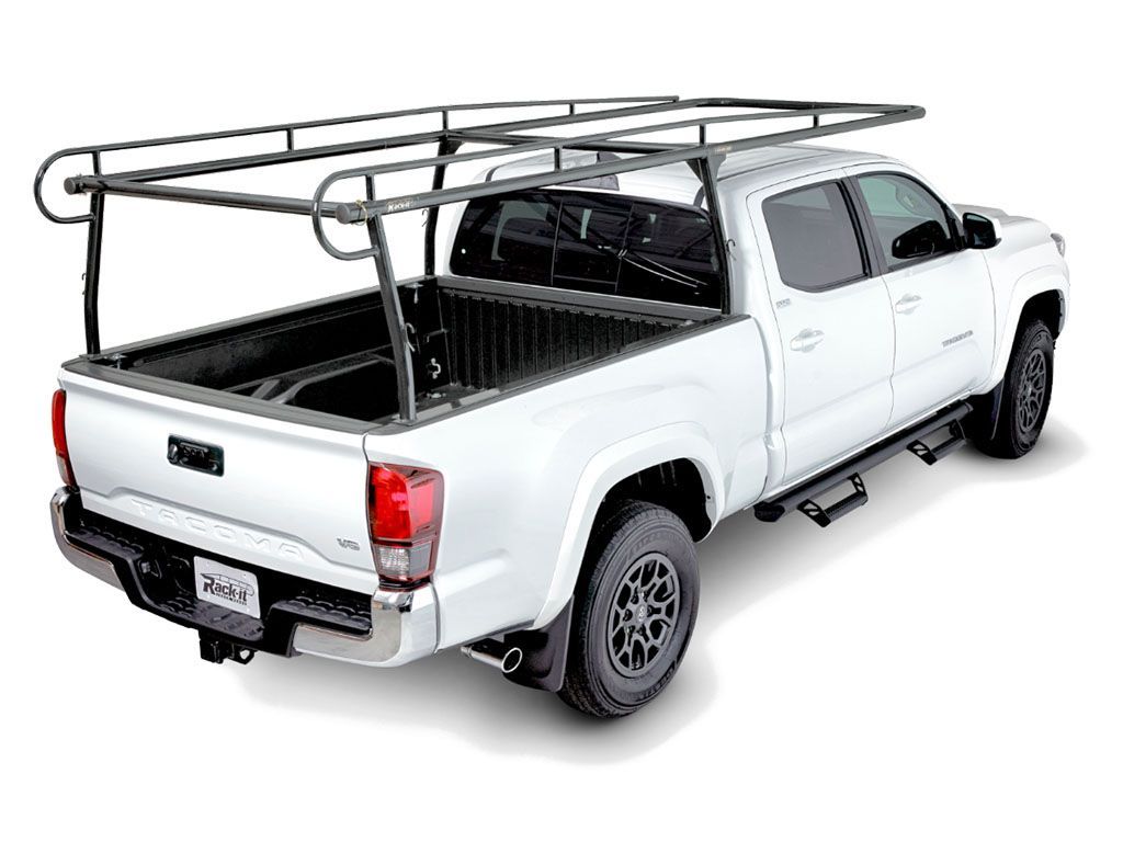 White pickup truck with a rack system and side steps