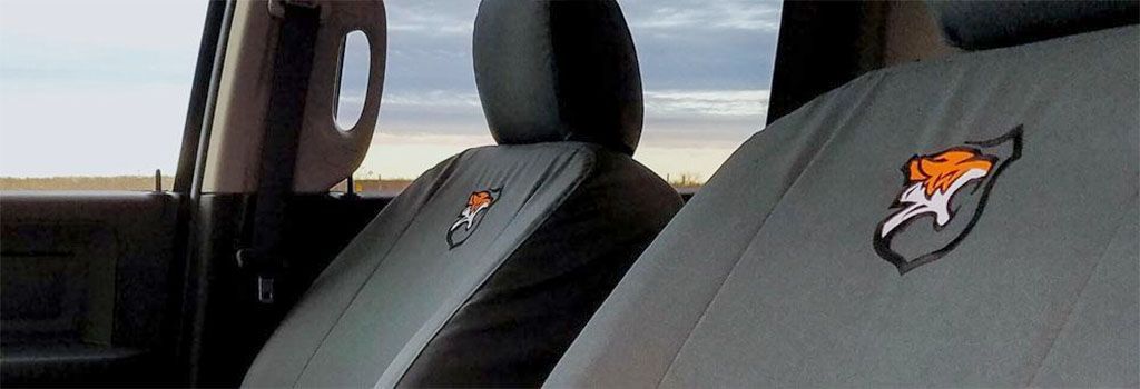 Truck interior with customized seat covers