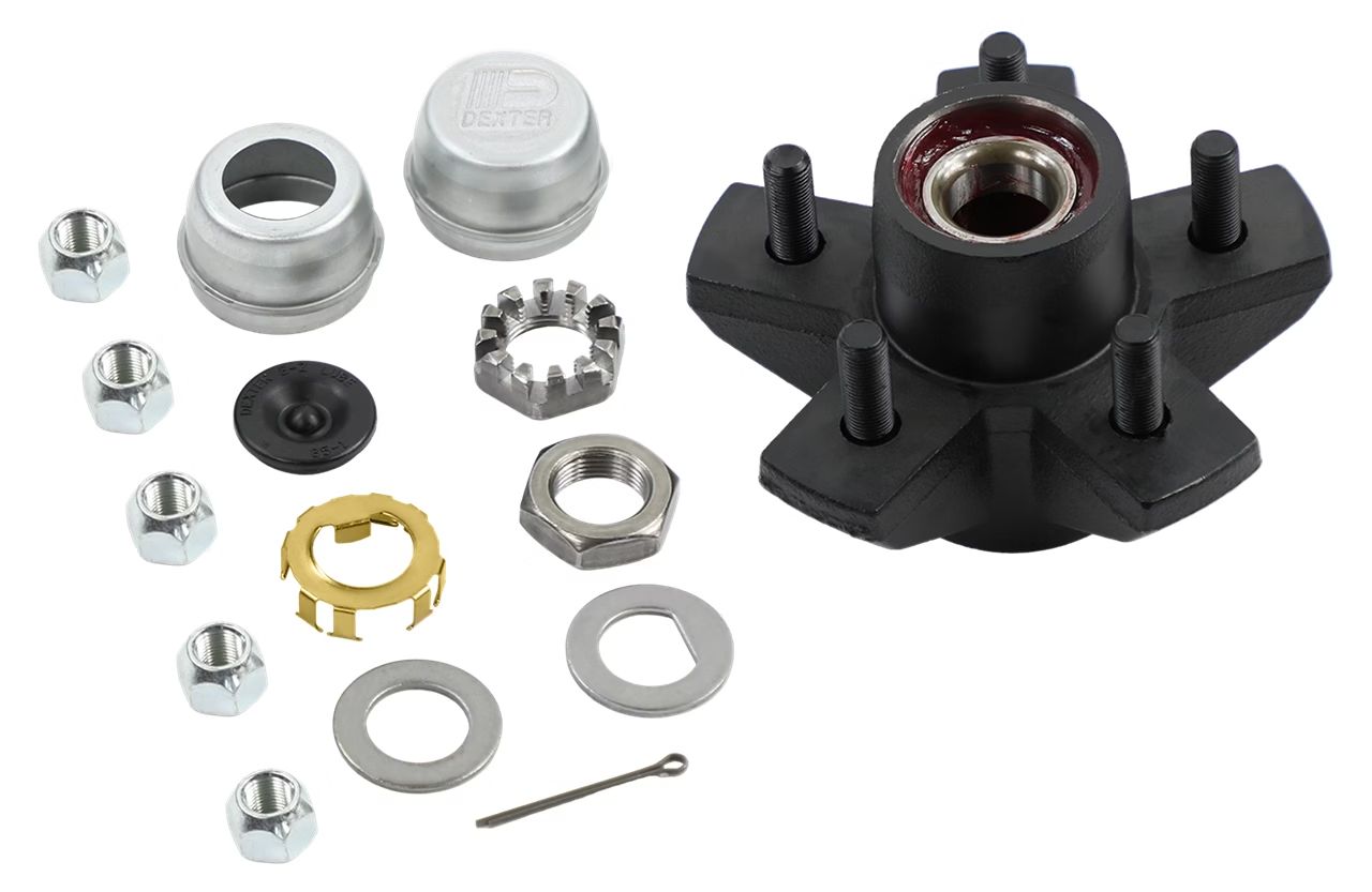 Disassembled black and silver mechanical hub parts laid out on a white background