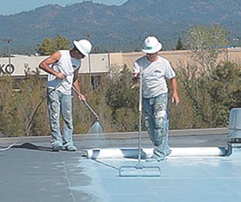 two men are painting a roof with a roller 