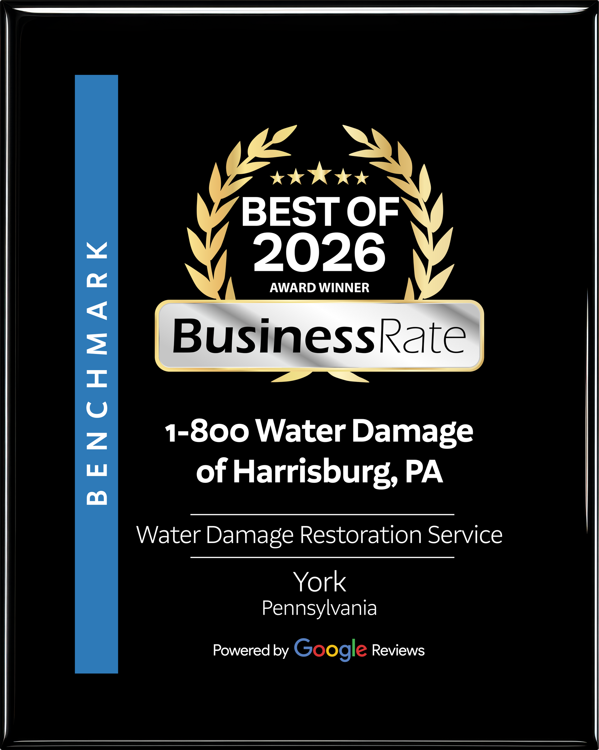 Award badge for 1-800 Water Damage of Harrisburg, PA. Best of 2026 award, gold and black.