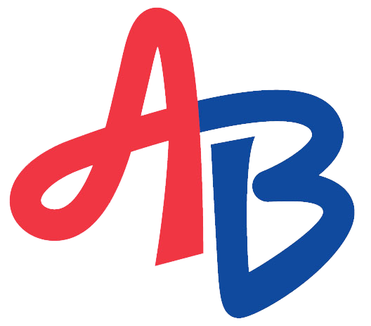 A red and blue ab logo on a white background