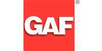 A red and white logo for a company called gaf.