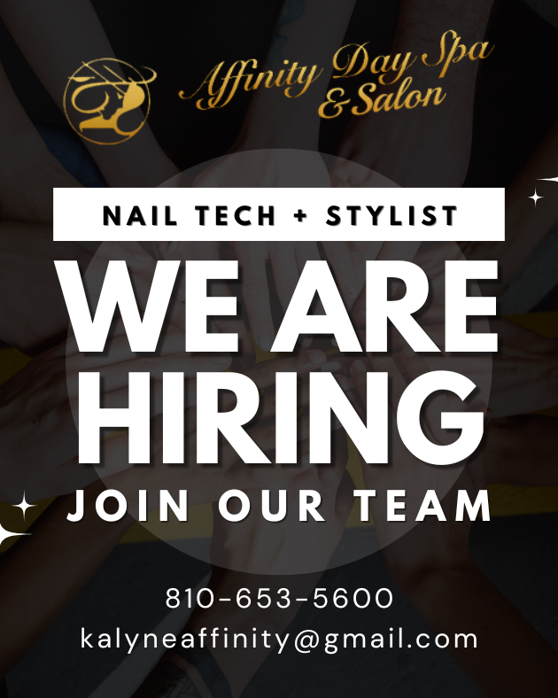 Affinity Day Spa & Salon hiring nail tech and stylist; bold white text on dark background with contact info