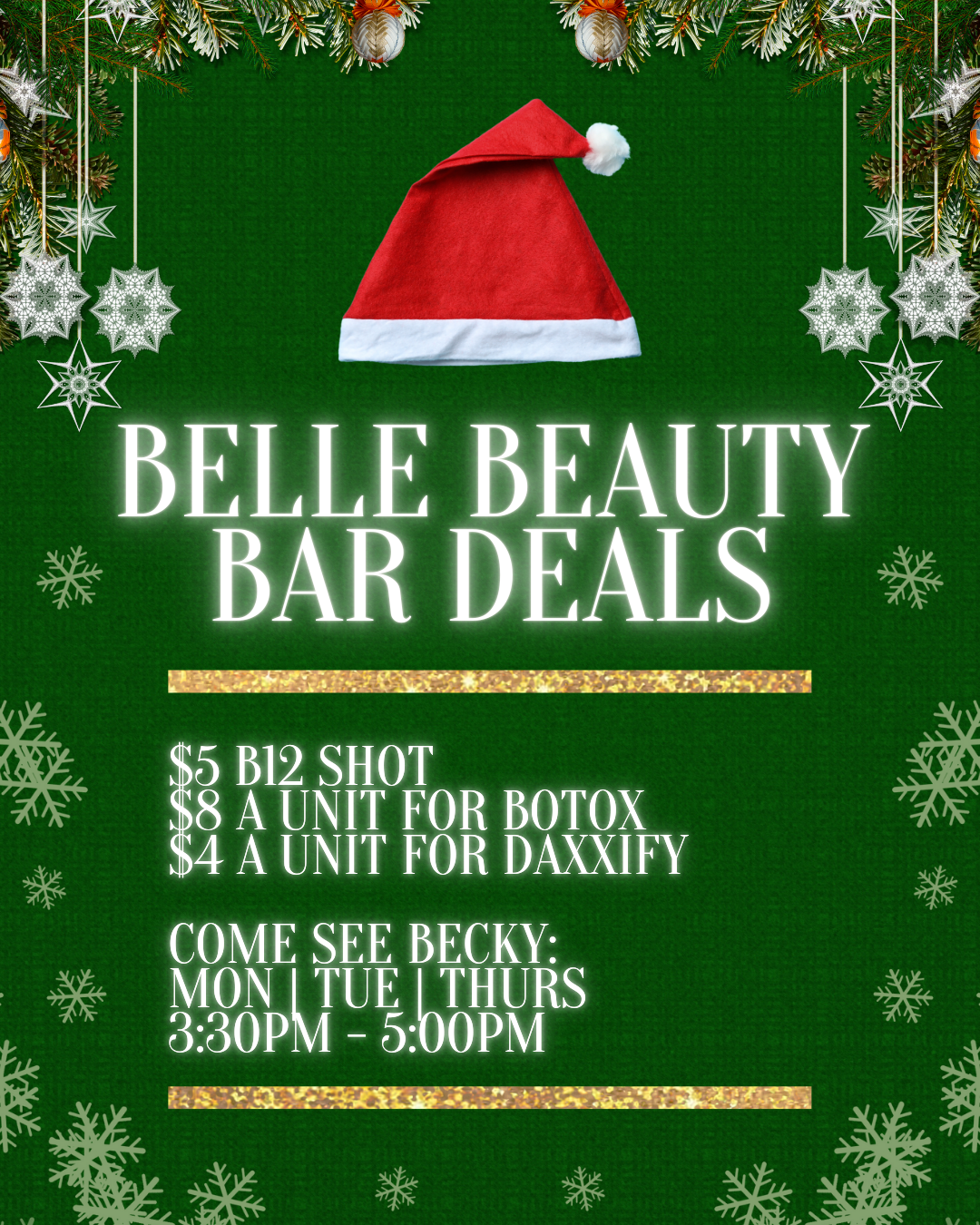 Promotional flyer for Belle Beauty Bar with November specials, hours, and contact info, featuring a woman receiving a facial.