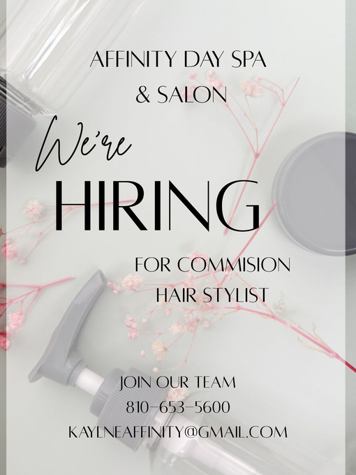 Affinity Day Spa & Salon hiring nail tech and stylist; bold white text on dark background with contact info