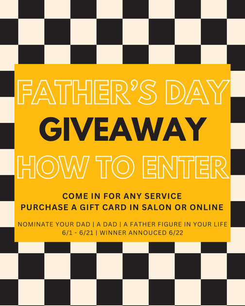 Father’s Day giveaway poster with yellow text on a black-and-white checkerboard background
