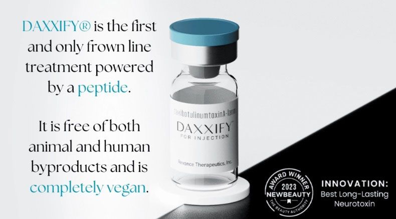 DAXXIFY vial, blue cap, text: frown line treatment, peptide powered, vegan, award, black/white.
