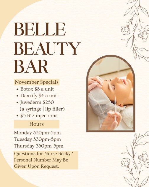 Flyer for Belle Beauty Bar with specials on Botox, Daxxify, and Juvederm. Includes a photo of a person receiving treatment.