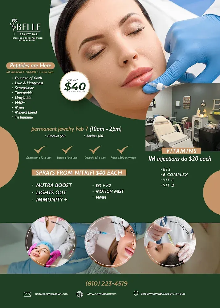 Promotional flyer for Belle Beauty Bar with November specials, hours, and contact info, featuring a woman receiving a facial.