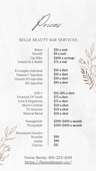 A menu of Belle Beauty Bar services and pricing, listed in columns on a light floral background.