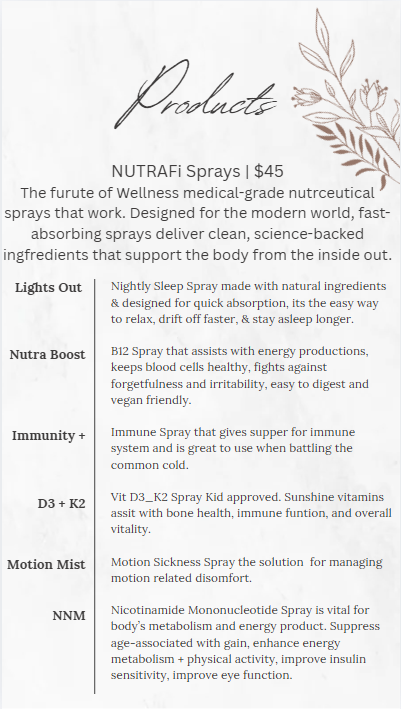 A menu list of Nutrafi wellness sprays, detailing product names and descriptions, including sleep, energy, and vitamins.