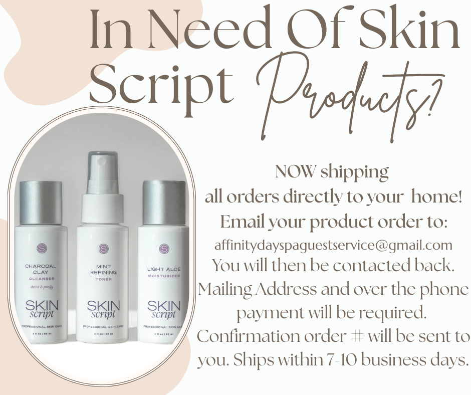 Promo for Skin Script products with three bottles and ordering/shipping details on a beige background
