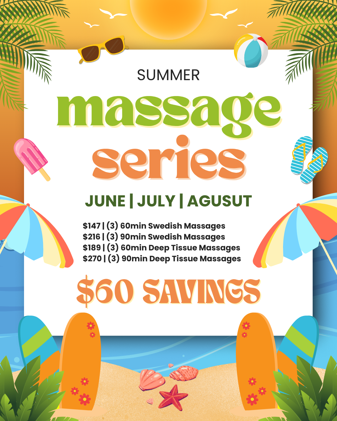 Summer massage series flyer with beach scene, palm trees, and $60 savings for June–August massage specials