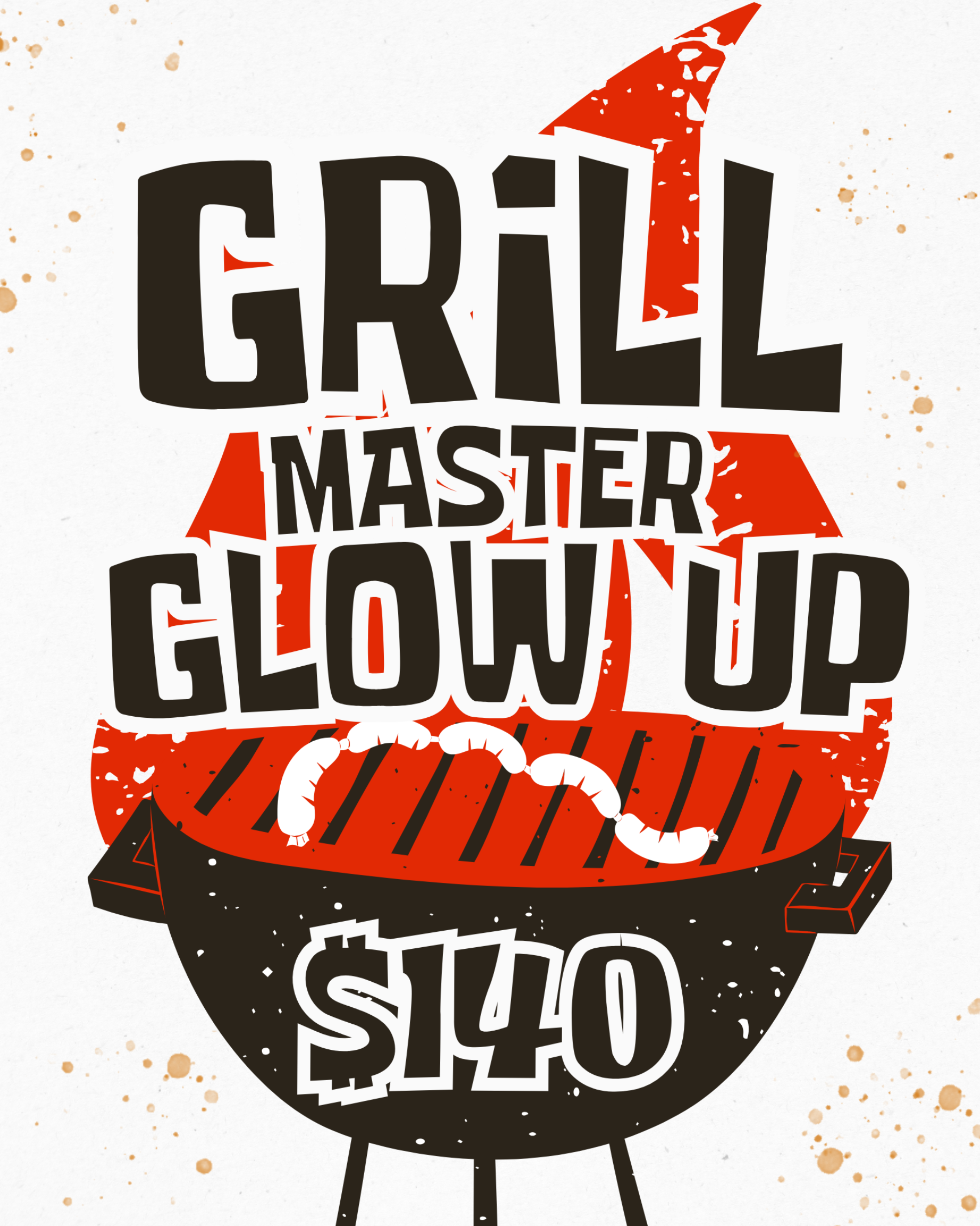 Grill master logo with red flame and bold black-and-white text on a white background