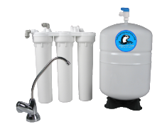 Water filtration system with four colored filters, holding tank, and faucet.