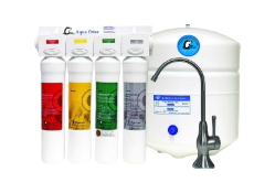 Water filtration system with four colored filters, holding tank, and faucet.