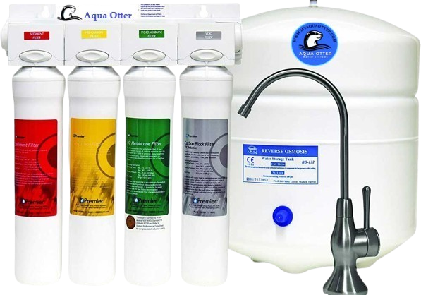 Water filter system installed above a kitchen sink.