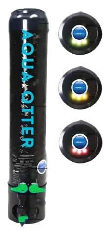 Water filtration system, tall cylindrical silver tank with digital display on top.