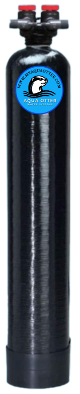 Black water filtration system with blue logo and red caps.