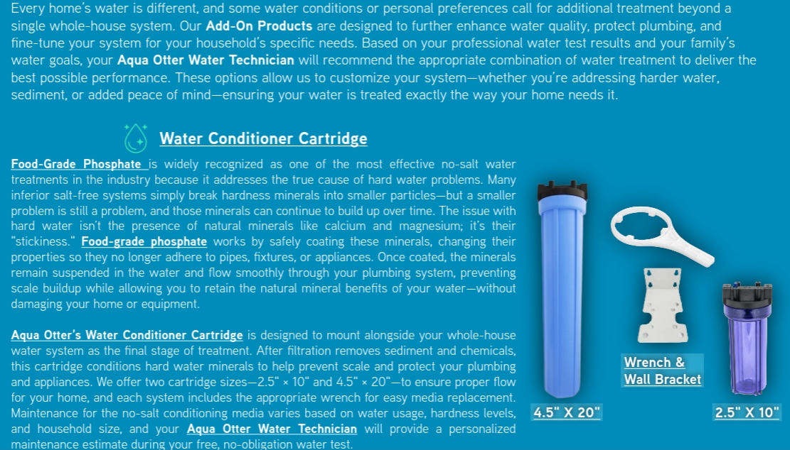 Blue and purple water filter components with a wrench and wall bracket on a teal background.