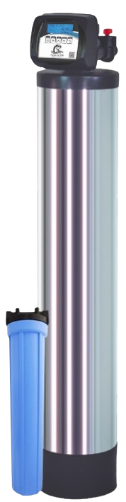 Water filtration system with a tall, silver tank and a blue filter.