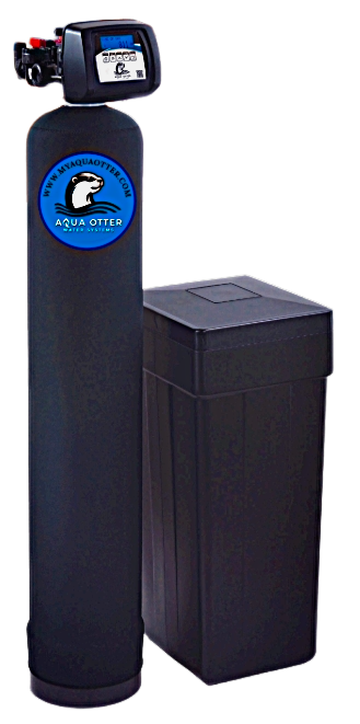 Water softening system with a digital display and media sample.