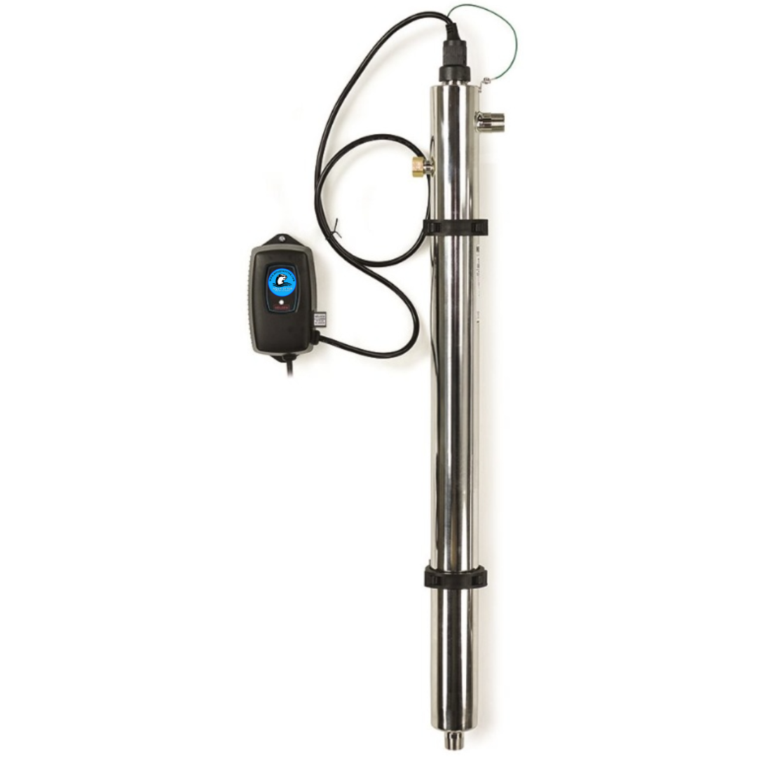 Stainless steel water purification system with attached control box and power cord.