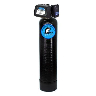 Black water softener tank with blue logo and digital display.