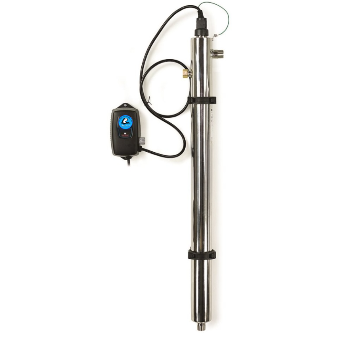 Stainless steel water well pump with attached pressure control.