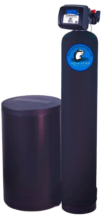 Water softener system with black tanks and digital display.