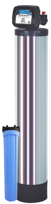 A water filtration system with a tall, cylindrical tank and a separate blue filter housing.